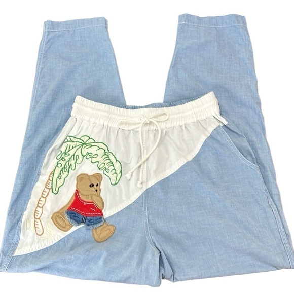 Vtg Together Pull On Drawstring Waist Teddy Bear Pants L Tapered Leg High Rise - Picture 1 of 16